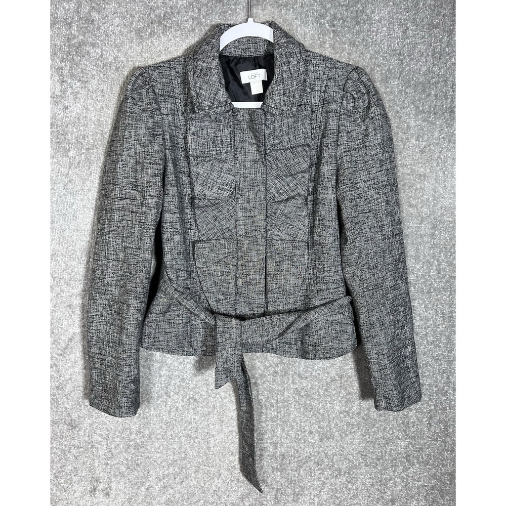 Ann Taylor LOFT Zip Front Tweed Jacket Womens Size 4 Black Ruffle Belted Lined